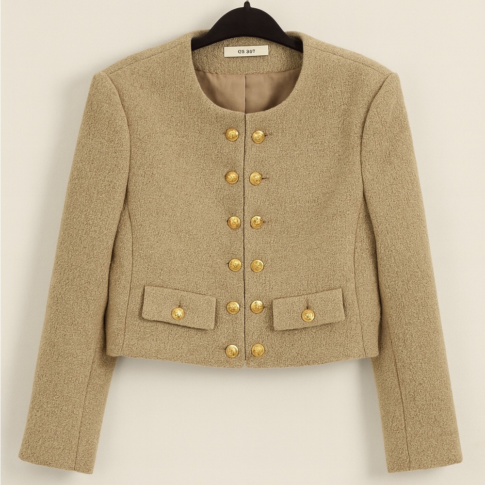Vintage-Inspired Cropped Tweed Jacket with Gold Buttons Size M